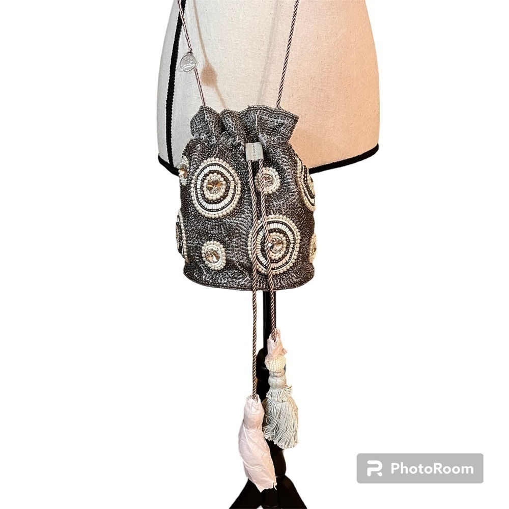 NWT From St Xavier Garnet Drawstring Silver and White Beaded Bag